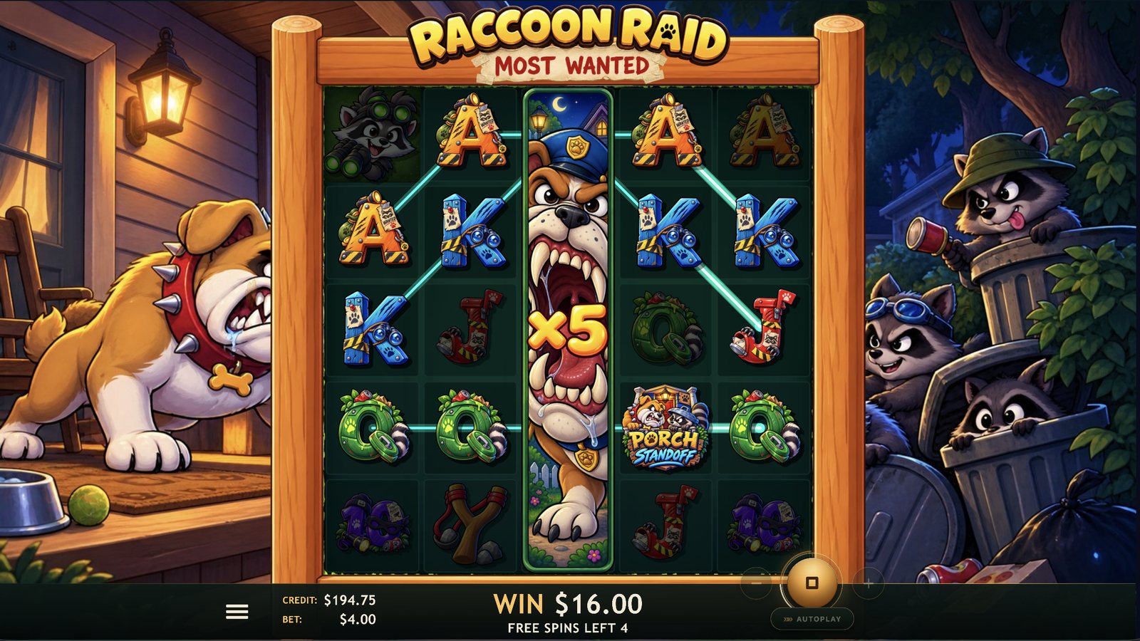 Raccoon Raid: Wanted in play — a duel column paying x5 during free spins
